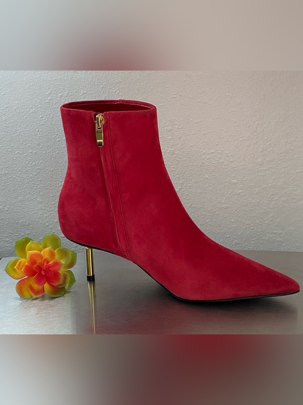 NINE WEST RED SUEDE ZIP UP GOLD STILETTO ANKLE BOOTS